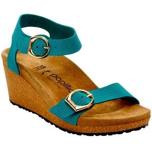 Birkenstock Papillio Wedge Soley Embossed Leather Sandal Biscay Bay 39/ 8